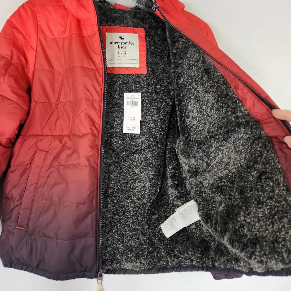 Abercrombie Red Ombre Cozy Puffer Hooded Jacket Boys Size 11/12 Sherpa Lined